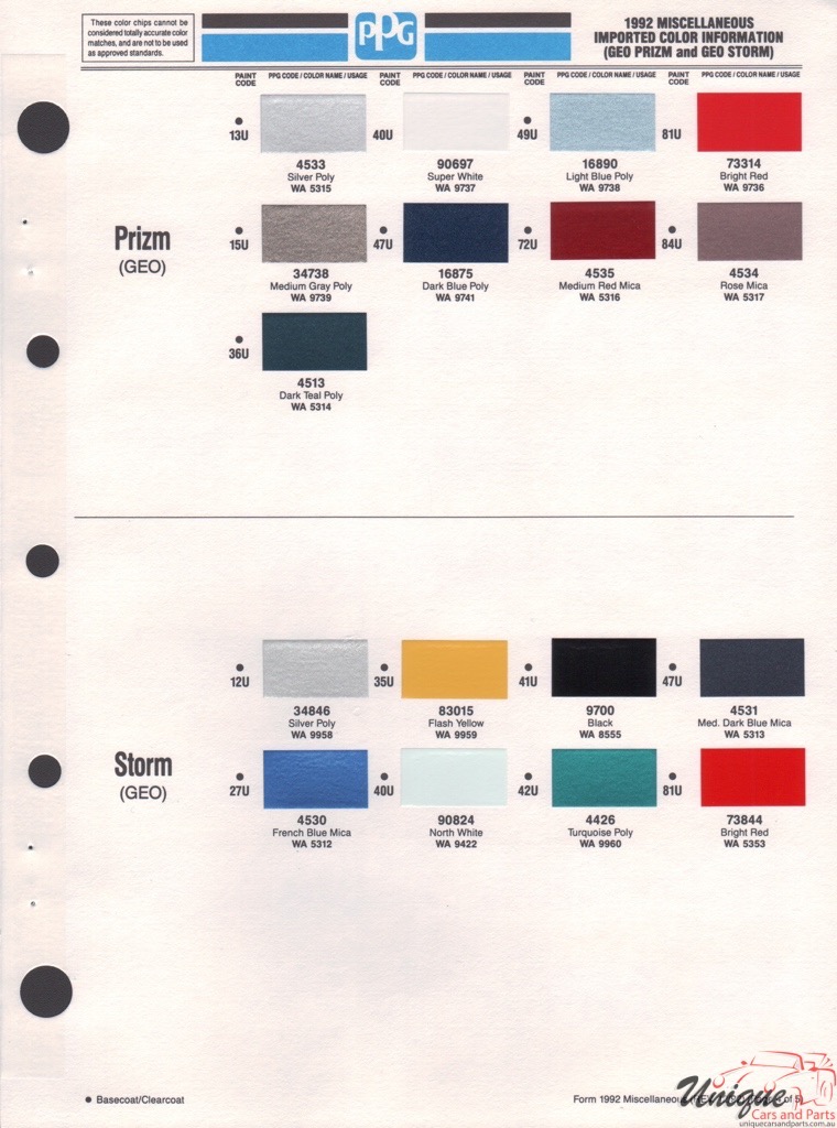 1992 GM GEO Paint Charts PPG 2